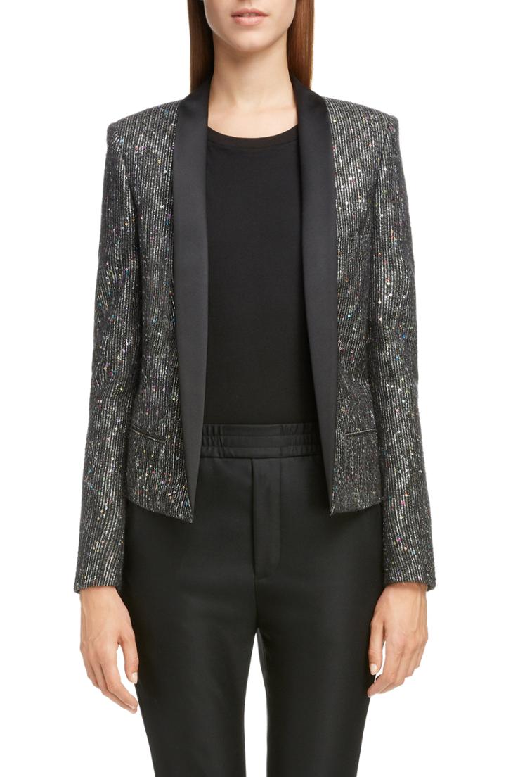 Women's Saint Laurent Sequin Tweed Blazer Us / 38 Fr - Black
