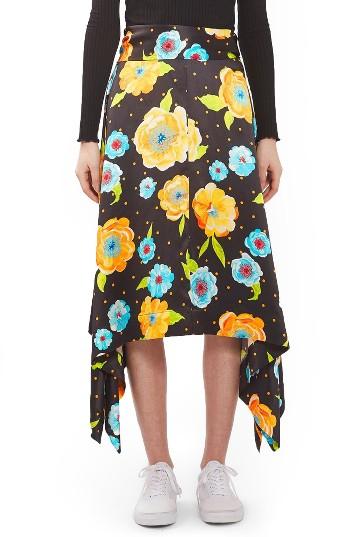 Women's Topshop Boutique Floral Handkerchief Hem Silk Skirt Us (fits Like 14) - Black