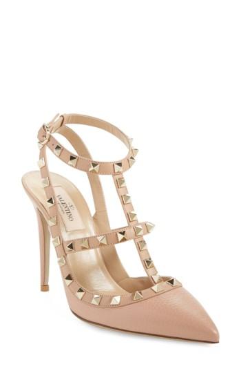 Women's Valentino Garavani 'rockstud' T-strap Pointy Toe Pump Us / 38eu - Beige