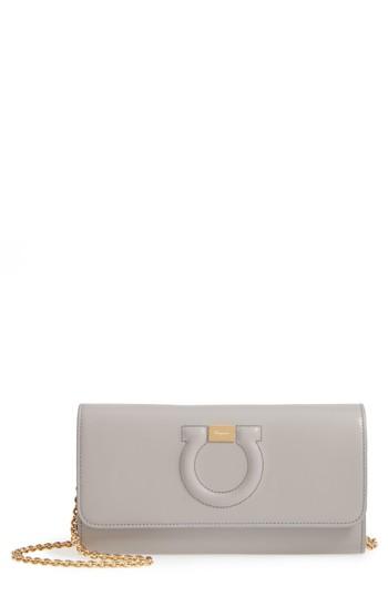 Women's Salvatore Ferragamo Quilted Gancio Leather Wallet On A Chain - Grey