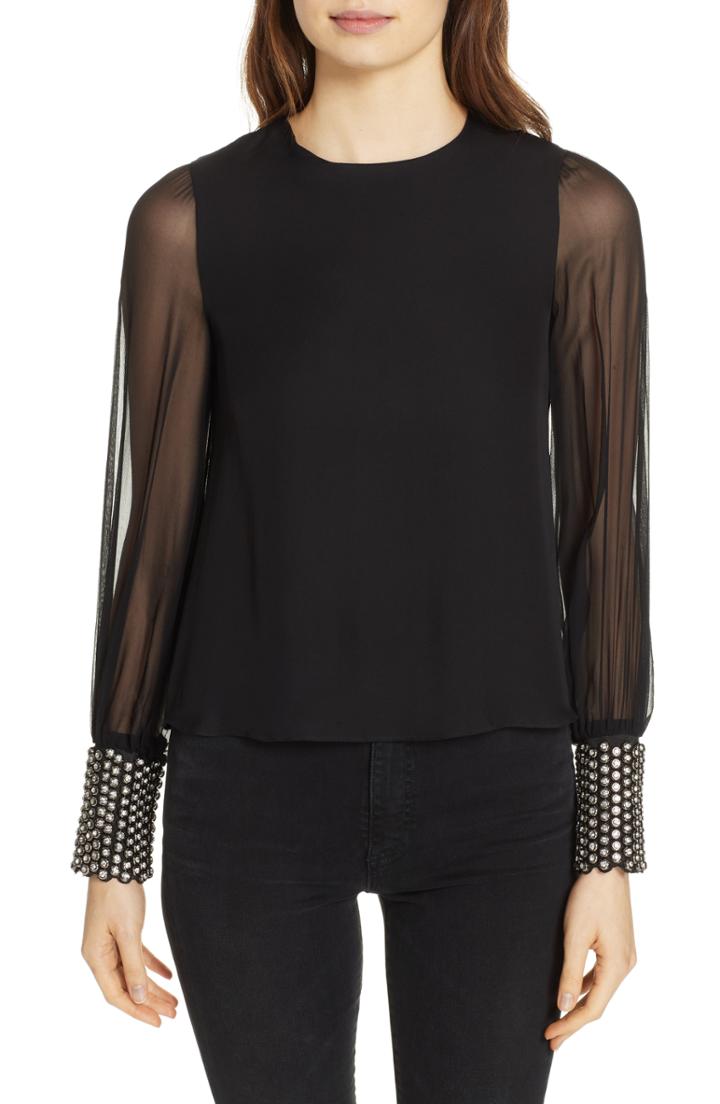 Women's Alice + Olivia Vix Embellished Cuff Silk Blouse - Black