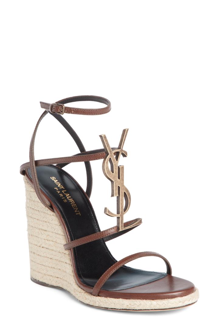 Women's Saint Laurent Cassandra Ysl Logo Wedge Sandal Us / 35eu - Brown