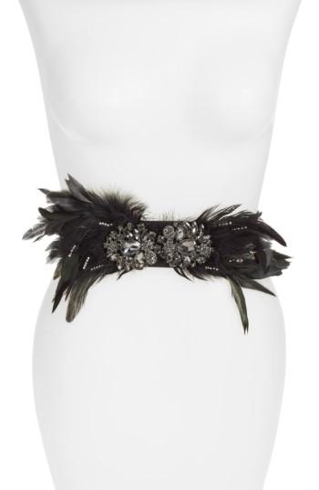 Women's Tasha Crystal & Feather Stretch Belt - Black