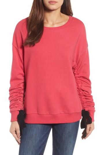 Petite Women's Halogen Ruched Tie Sleeve Sweatshirt P - Pink