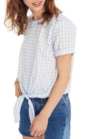 Women's Madewell Button Back Tie Front Gingham Check Top, Size - Blue