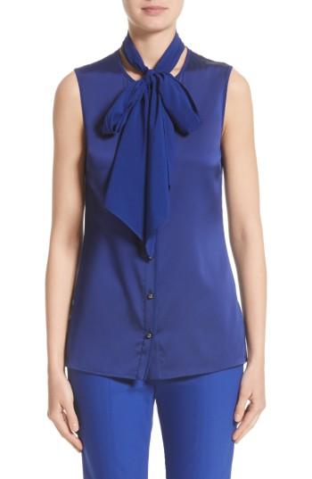 Women's St. John Collection Removable Tie Stretch Silk Satin Georgette Blouse - Blue