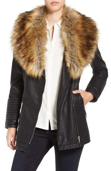 Women's Love Token Faux Leather Jacket With Faux Fur Collar