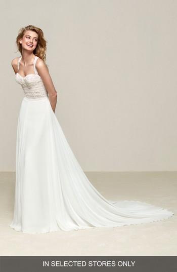 Women's Pronovias Drenube Crochet Bodice A-line Gown, Size In Store Only - Ivory