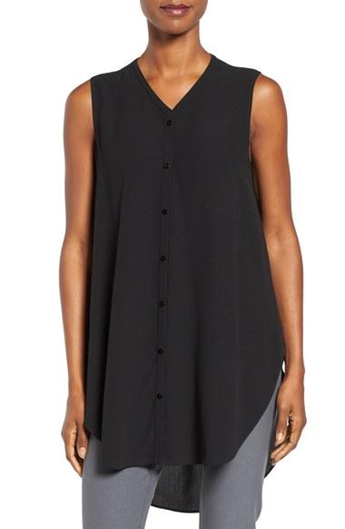 Women's Eileen Fisher Silk Georgette Crepe Asymmetrical V-neck Top