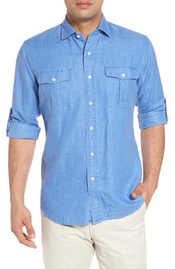 Men's Peter Millar Harkers Regular Fit Herringbone Sport Shirt - Blue