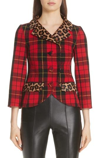 Women's Michael Kors Genuine Calf Hair Trim Tartan Wool Blend Jacket - Red