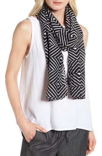 Women's Eileen Fisher Geo Print Organic Cotton Blend Scarf, Size - Black