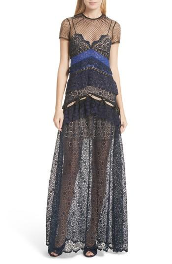 Women's Self-portrait Paneled Lace Maxi Dress - Blue