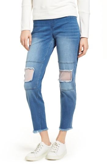 Women's Hue Fishnet Knee Patch Denim Skimmer Leggings - Blue