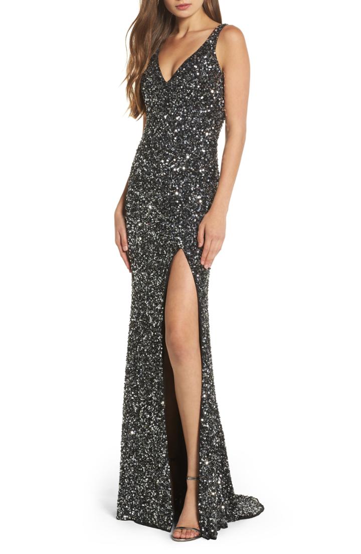 Women's Tadashi Shoji Off-shoulder Sequin Bodice Gown - Black
