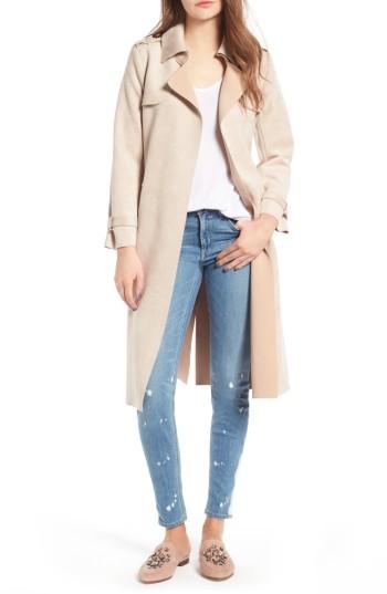 Women's Love Token Faux Suede Long Trench Coat - Pink