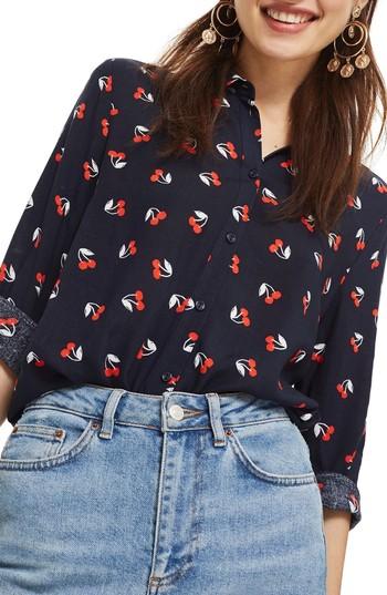 Women's Topshop Cherry Button-down Shirt Us (fits Like 0) - Blue