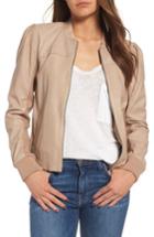 Women's Hinge Shrunken Leather Bomber Jacket - Beige