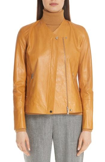 Women's Lafayette 148 New York Devlin Glazed Lambskin Leather Jacket - Orange