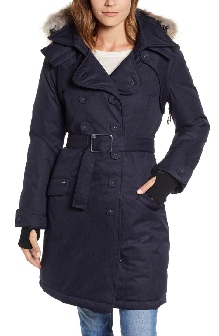 Women's Astrid Hooded Down Peacoat With Genuine Coyote Fur Trim - Blue