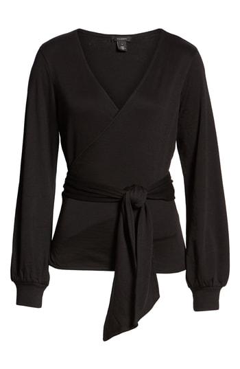 Petite Women's Halogen Tie Front Faux Wrap Top, Size P - Black