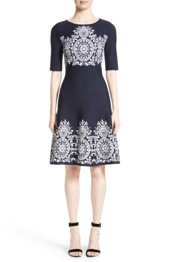 Women's St. John Collection Nellore Jacquard Knit Fit & Flare Dress - Blue