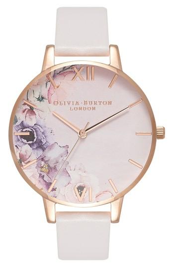 Women's Olivia Burton Watercolour Florals Leather Strap Watch, 38mm