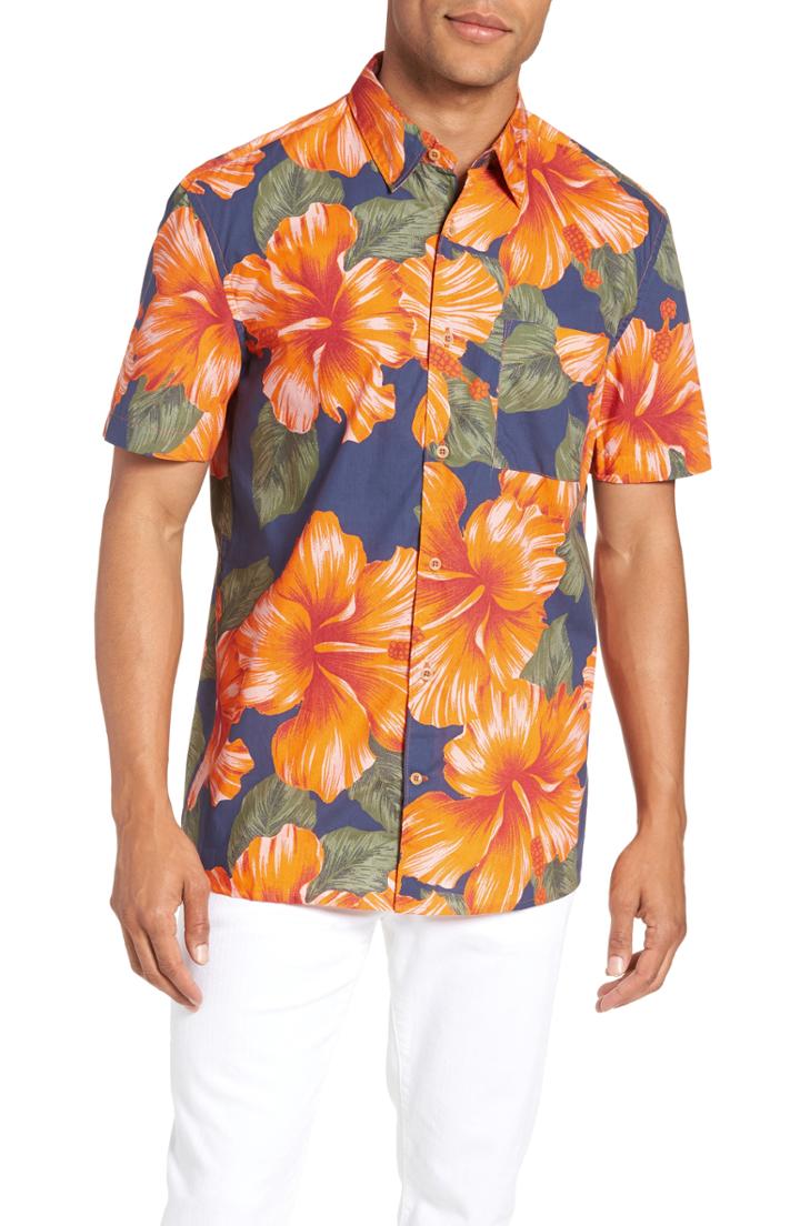 Men's French Connection Wela Regular Fit Hawaiian Camp Shirt, Size - Blue