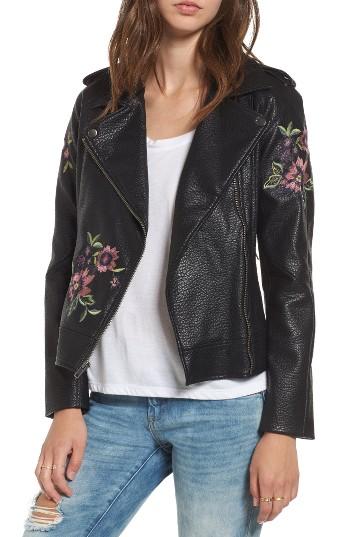 Women's Bb Dakota Baxley Embroidered Faux Leather Moto Jacket - Black