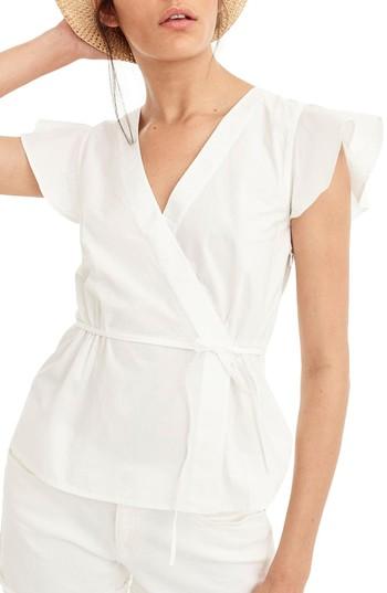 Women's J.crew Flutter Sleeve Cotton Poplin Wrap Top - White