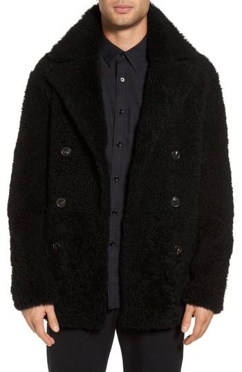 Men's Theory Reversible Genuine Shearling Peacoat - Black