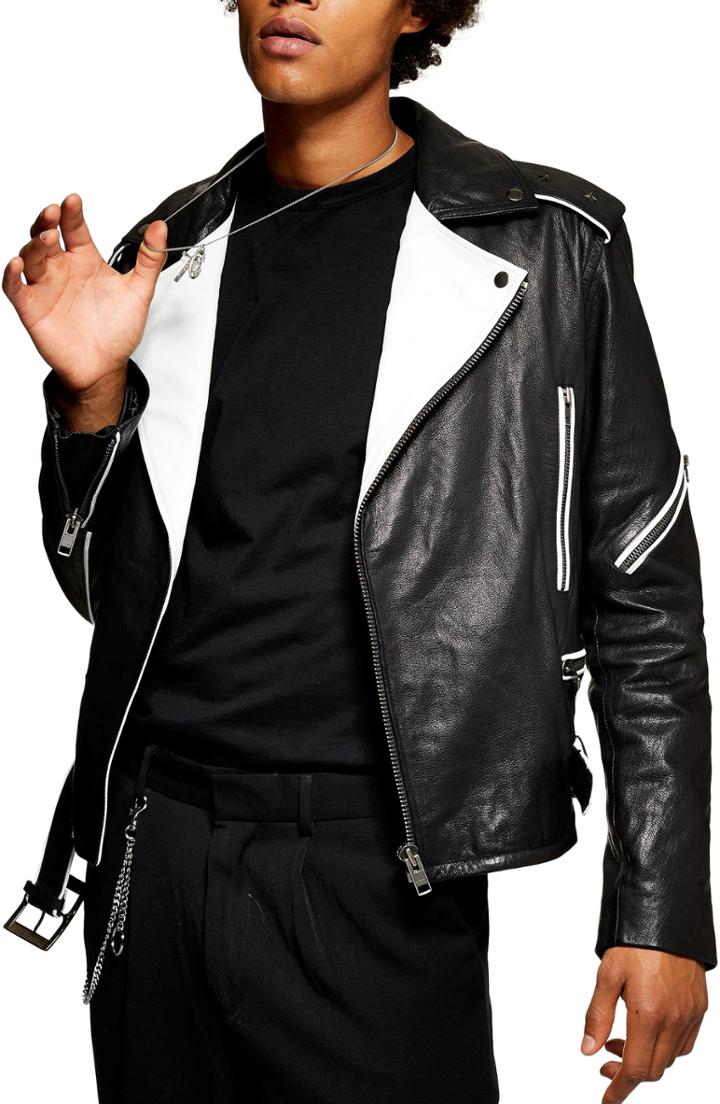 Men's Topman Contrast Leather Biker Jacket - Black