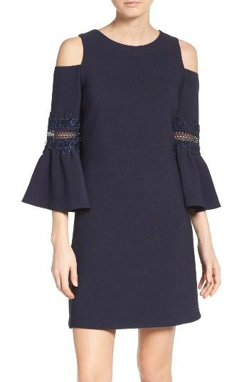 Petite Women's Eliza J Lace Applique Crepe Cold Shoulder Dress P - Blue