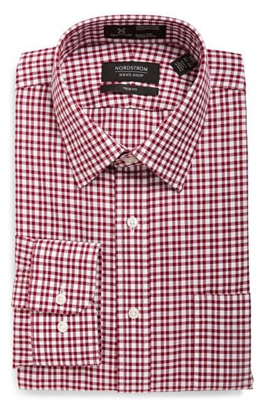 Men's Nordstrom Men's Shop Smartcare(tm) Trim Fit Plaid Dress Shirt .5 32/33 - Burgundy