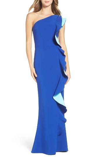 Women's Maria Bianca Nero Colorblock Ruffle One-shoulder Gown - Blue