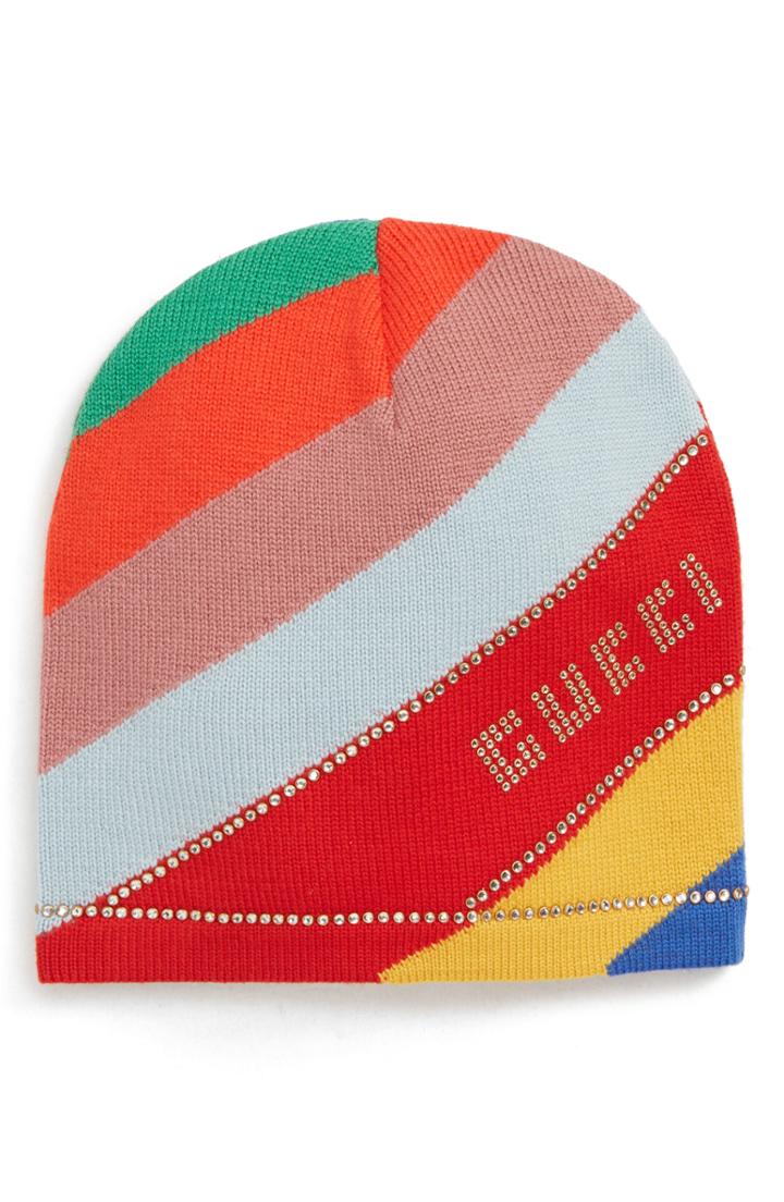 Women's Gucci Crystal Logo Stripe Wool Beanie - Red
