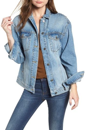 Women's Free People Studded Trucker Denim Jacket - Blue