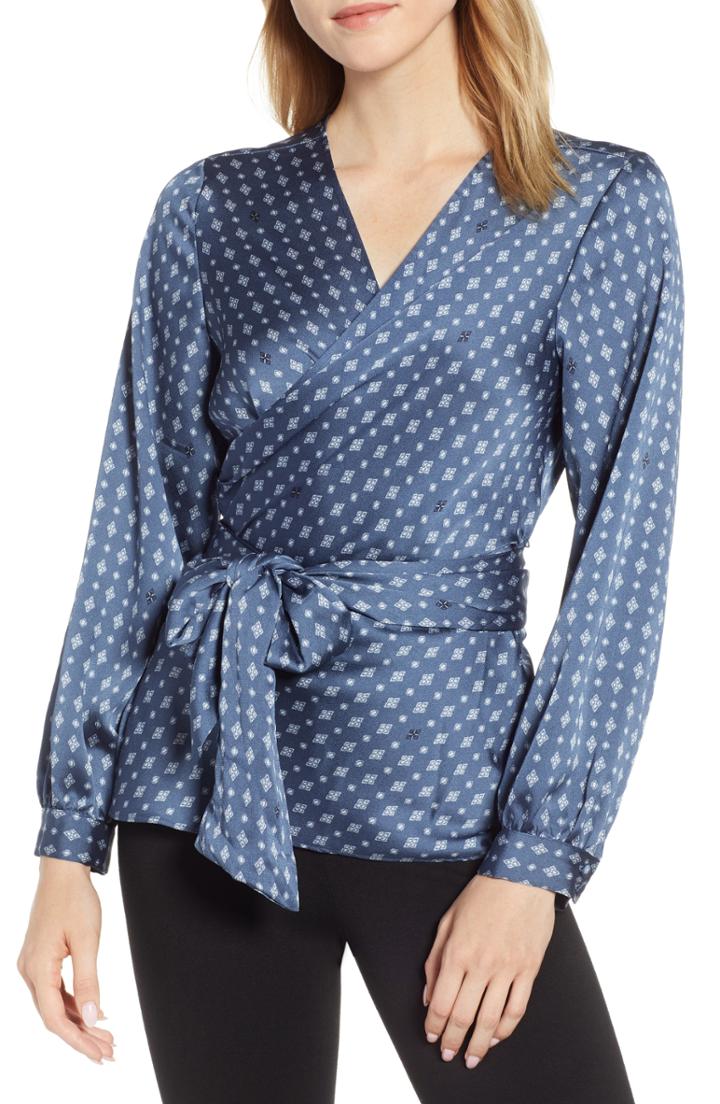 Women's Vince Camuto Geo Accents Belted Wrap Blouse, Size - Blue