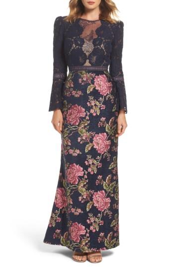 Women's Tadashi Shoji Lace Bodice Brocade Gown - Blue