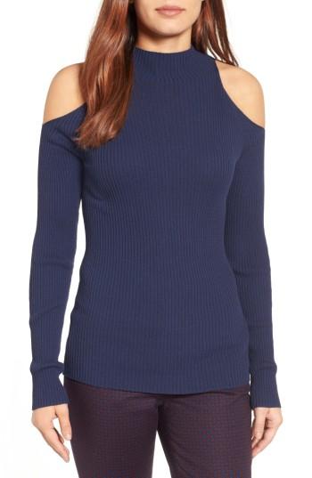 Women's Halogen Rib Knit Cold Shoulder Sweater, Size - Blue