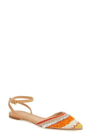 Women's Tory Burch Isle Embellished Ankle Strap Flat M - Beige