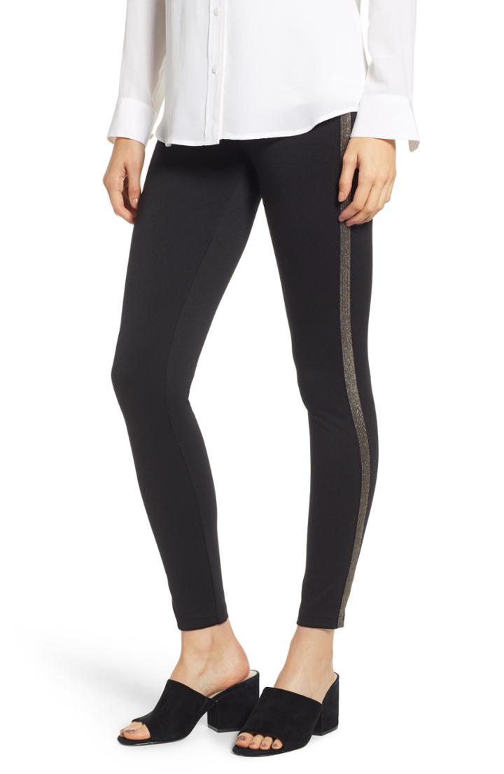 Women's Hue Metallic Tuxedo Stripe Ponte Leggings - Black