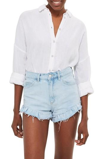 Women's Topshop Kiri Ruffle Hem Denim Shorts Us (fits Like 0) - Blue