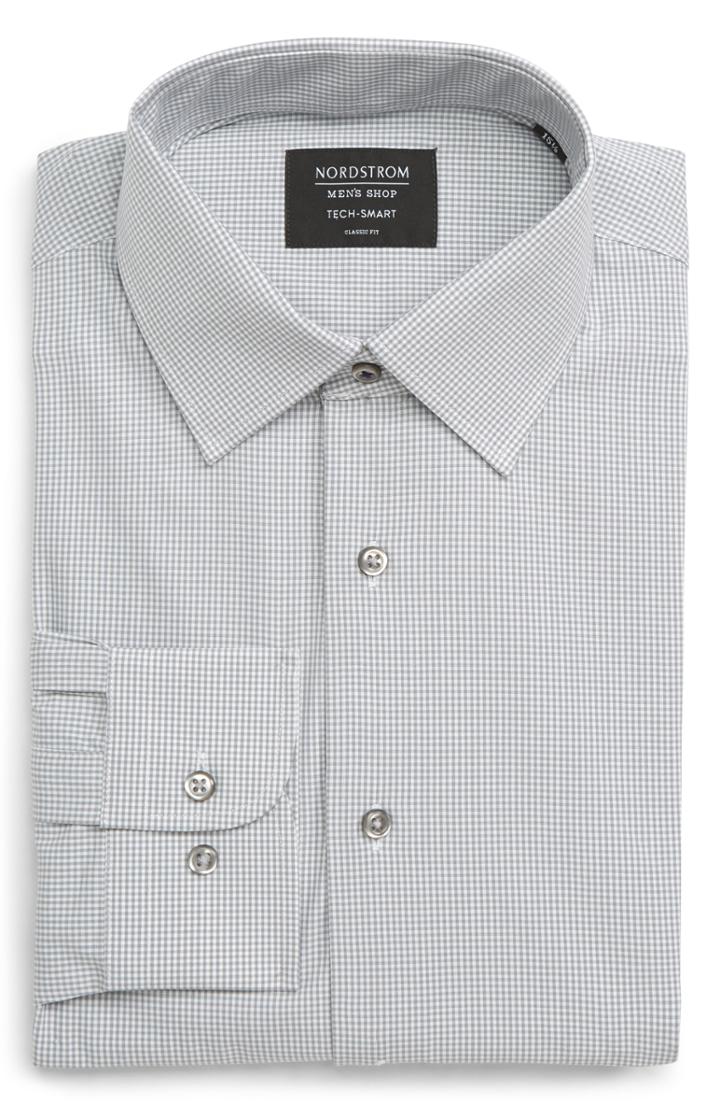 Men's Nordstrom Men's Shop Tech-smart Classic Fit Stretch Check Dress Shirt - 32/33 - Grey