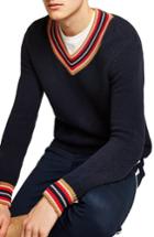 Men's Topman Textured V-neck Sweater - Blue