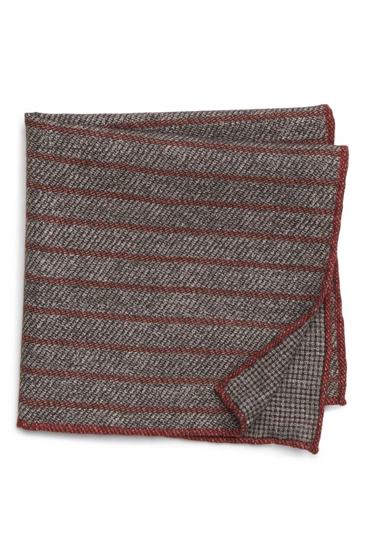 Men's Eleventy Stripe Wool & Cotton Pocket Square, Size - Grey