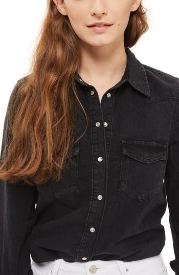 Women's Topshop Gigi Fitted Denim Western Shirt Us (fits Like 0-2) - Black