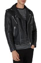 Men's Topman Print Leather Biker Jacket - Black