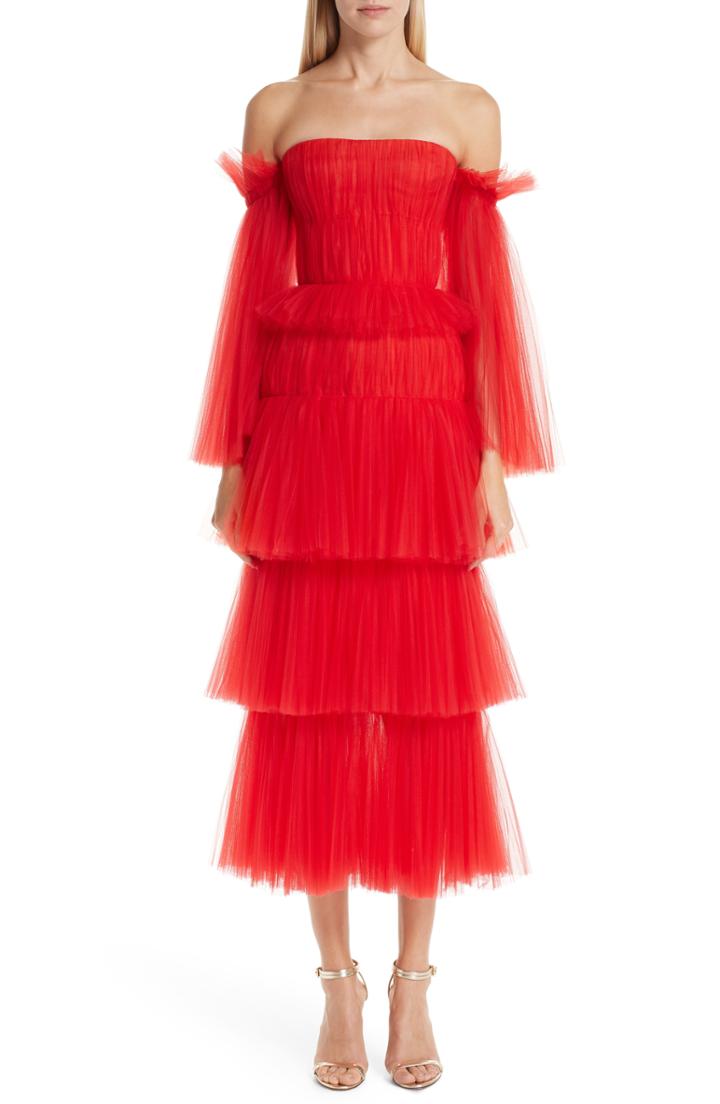 Women's Carolina Herrera Off The Shoulder Pleated Tulle Dress - Red