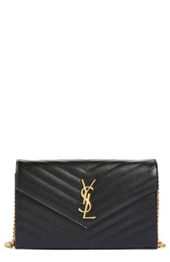 Women's Saint Laurent 'large Monogram' Quilted Leather Wallet On A Chain - Black